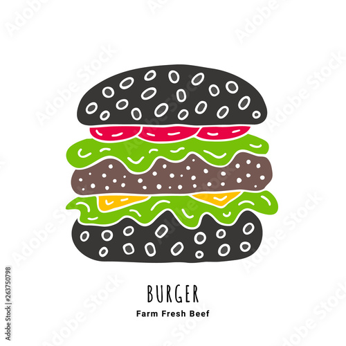 Dark beef burger with tomato, salad leaves, sesame and cheese hand drawn doodle poster. Fast food illustration. EPS 10 vector logo.