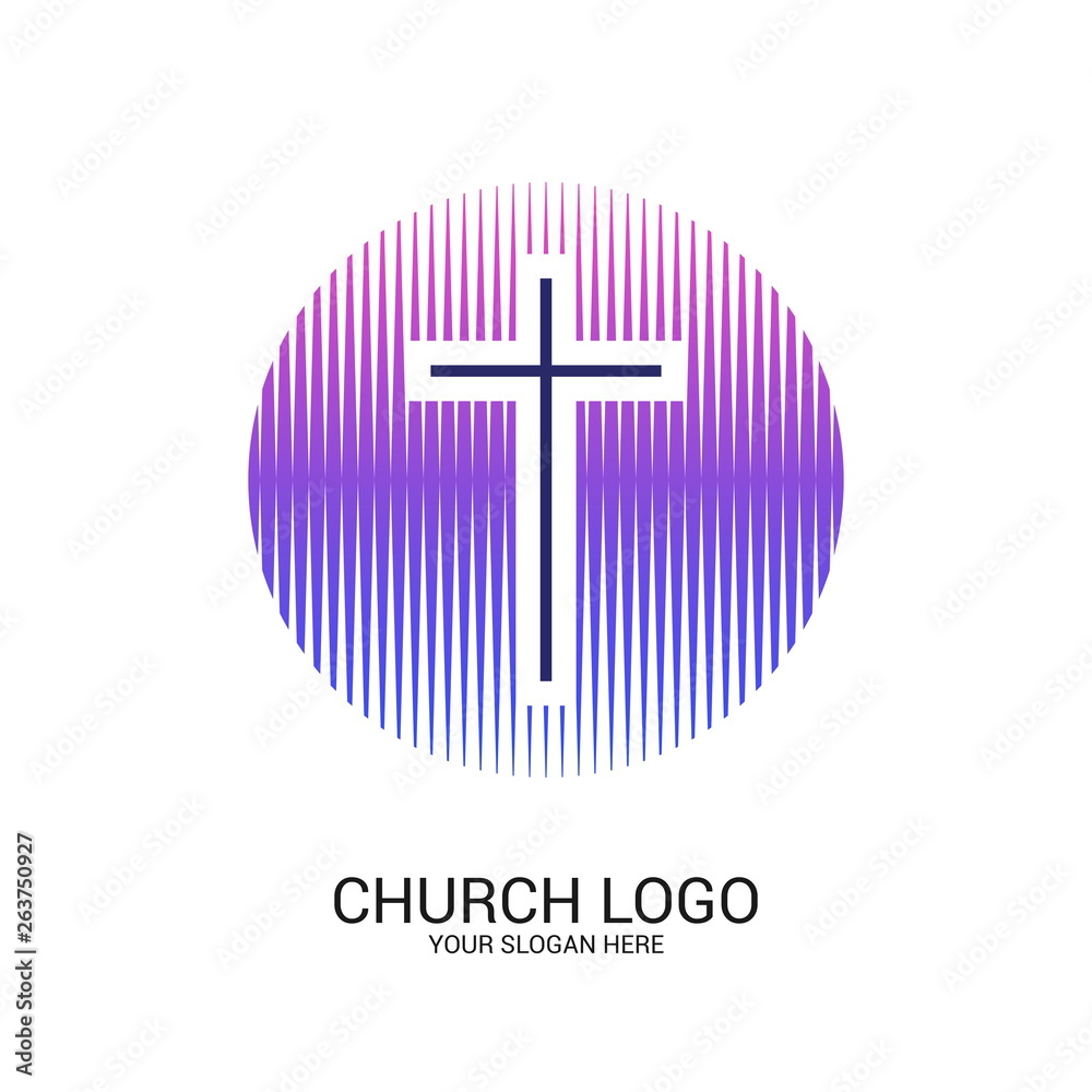 Obraz premium Church logo and christian symbols. Cross of the Savior Jesus Christ and geometric abstract symbols.