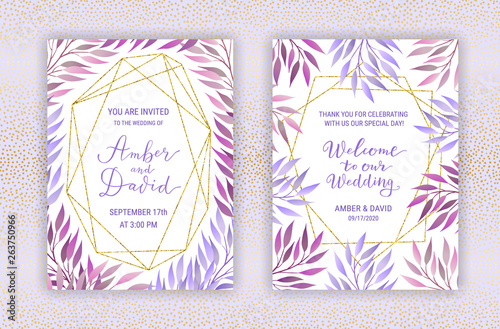 Invitation card templates.  Elegant branches with violet leaves decor. Welcome to our wedding lettering phrase. Crystal gold glitter frame. Hand drawn texture background. EPS 10 vector illustration