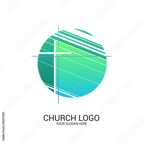 Church logo and christian symbols. Cross of the Savior Jesus Christ and geometric abstract symbols.