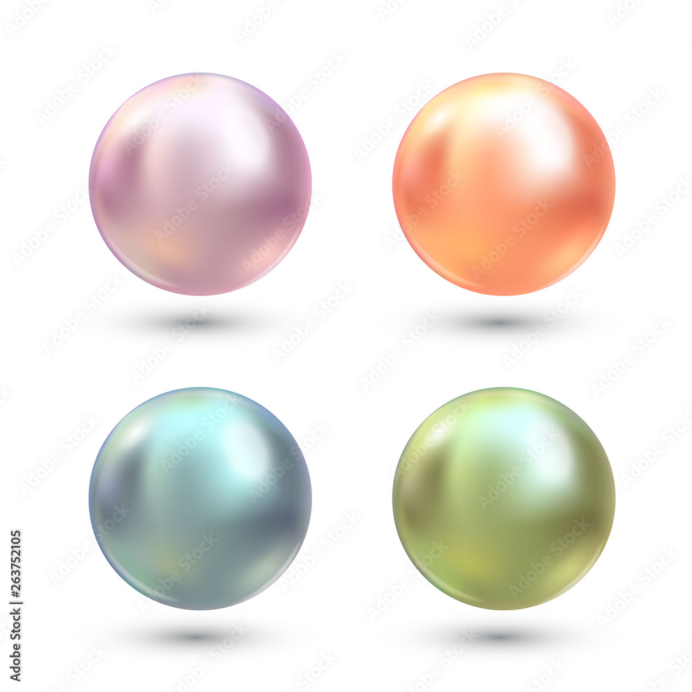 Realistic varicoloured pearls vector set. Precious pearl in sphere form. Pearl is luxury glossy stone illustration Realistic varicoloured pearls vector set. Precious pearl in sphere form. Pearl is luxury glossy stone illustration