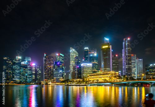 2019 February 28  Singapore - Cityscape night scenery of colorful the buildings in downtown.