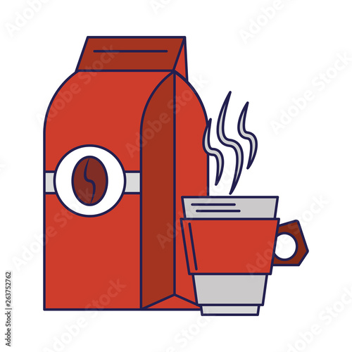 Coffee bag sealed with bean and coffee cup blue lines
