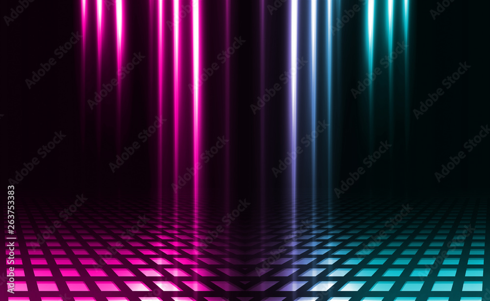 Empty background scene. Dark reflection of the street on the wet asphalt. Rays of neon light in the dark, neon figures, smoke. Night view of the street, the city. Abstract dark background.
