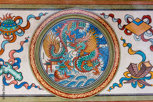 Ancient china painting on wall in thailand buddha temple.
