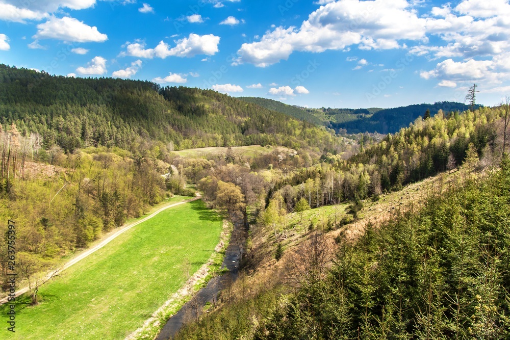 Valley with the river in the Czech Republic. Spring day in nature. View of the valley on the river. Wooded hills. Valley with the river in the Czech Republic. Spring day in nature. View of the valley on the river. Wooded hills.
