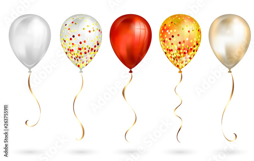 Set of 5 shiny red and gold realistic 3D helium balloons for your design. Glossy balloons with glitter and gold ribbon, perfect decoration for birthday party brochures, invitation card or baby shower