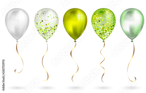 Set of 5 shiny olive green realistic 3D helium balloons for your design. Glossy balloons with glitter and gold ribbon, perfect decoration for birthday party brochures, invitation card or baby shower