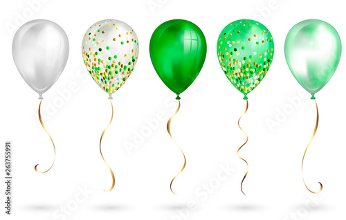 Set of 5 shiny green realistic 3D helium balloons for your design. Glossy balloons with glitter and gold ribbon, perfect decoration for birthday party brochures, invitation card or baby shower