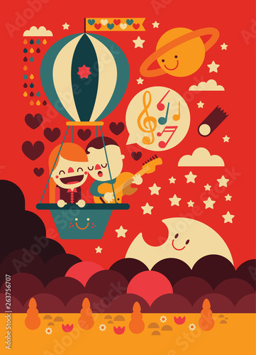 Happy Kawaii Couple Flying on Hot Air Balloon and sing about happiness and love