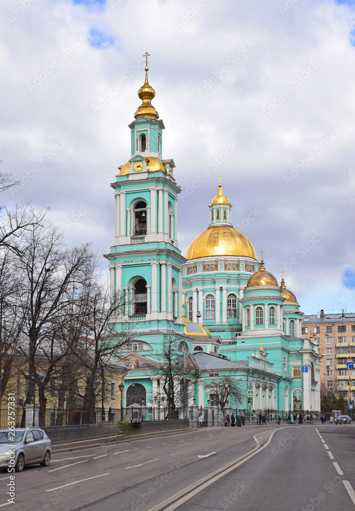 Epiphany Cathedral in yelokhov was built in 1845 by architect Evgraf Tyurin. Russia, Moscow, April 2019.