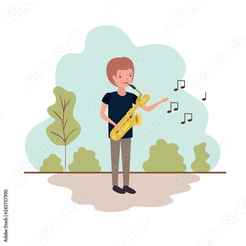 man with saxophone in landscape avatar character