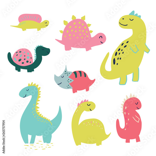 Set of cute hand drawn vector dinosaur characters. Kids illustration
