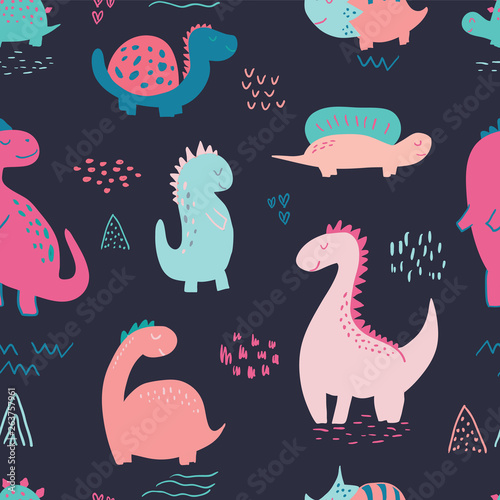 Seamless pattern with cute hand drawn dinosaurs for baby and kids fabric, textiles, wallpapers and products
