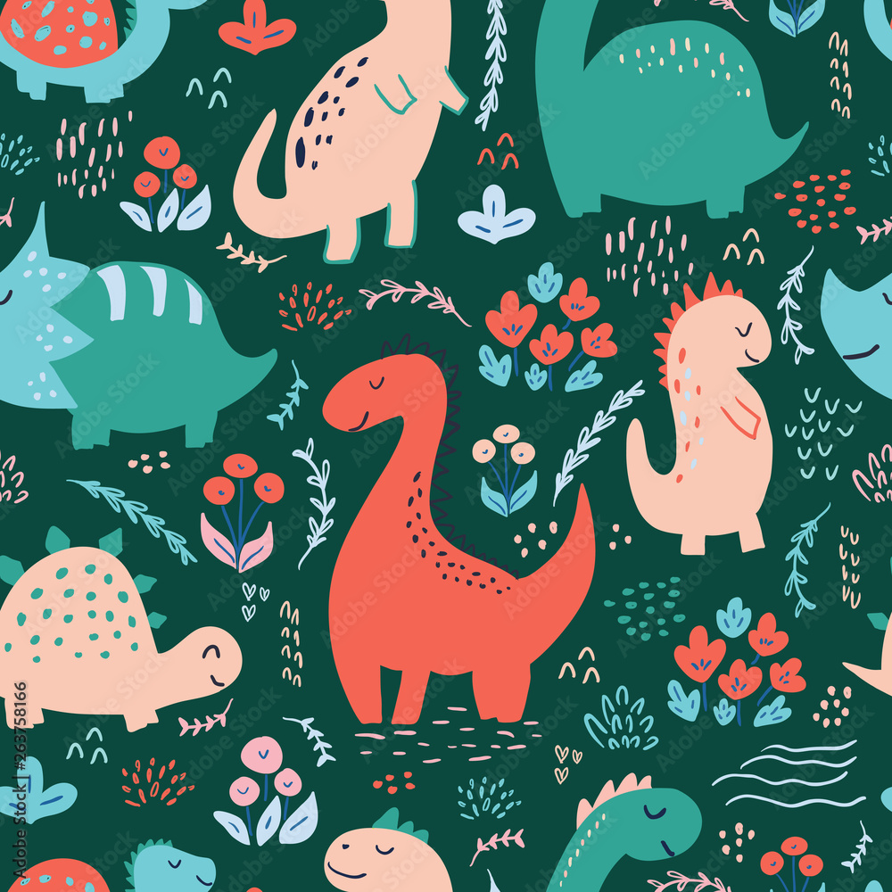 Seamless pattern with cute hand drawn dinosaurs for baby and kids fabric, textiles, wallpapers and products