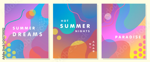 Unique artistic summer cards with bright gradient background,shapes and geometric elements in memphis style.Abstract design cards perfect for prints,flyers,banners,invitations,special offer and more.