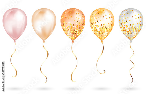Set of 5 shiny gold realistic 3D helium balloons for your design. Glossy balloons with glitter and gold ribbon, perfect decoration for birthday party brochures, invitation card or baby shower