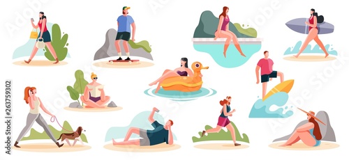 Crowd of people performing summer outdoor activities on the beach - walking dogs, skateboarding, surfing. Group of male and female flat cartoon characters isolated on white background