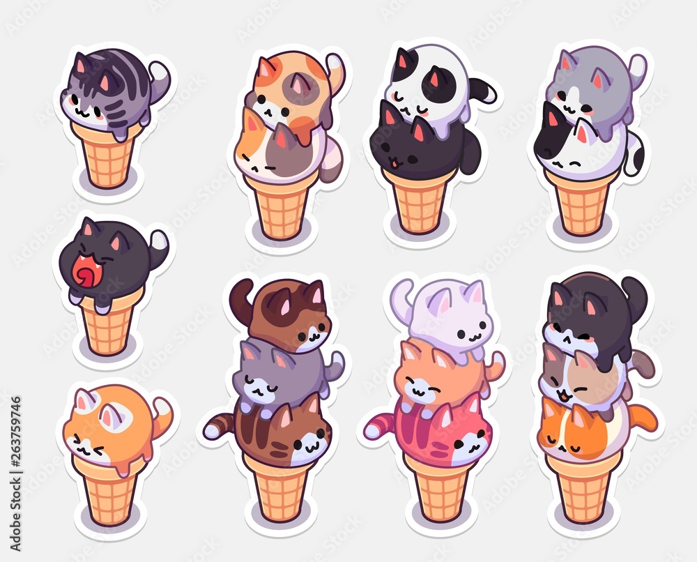 kawaii ice cream cats stickers. ice cream with different balls in the ...