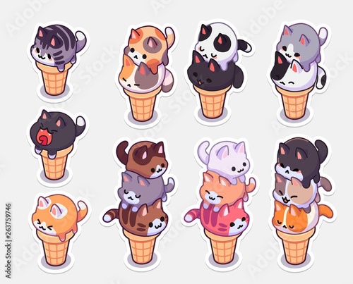 kawaii ice cream cats stickers. ice cream with different balls in the form of round kittens in the waffle cone. Funny stickers for your design.