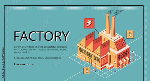 Factory on retro colored background. Heavy industry, energy generation plant building with chimneys Manufacturing production enterprise. Isometric vector illustration, line art, banner, landing page.