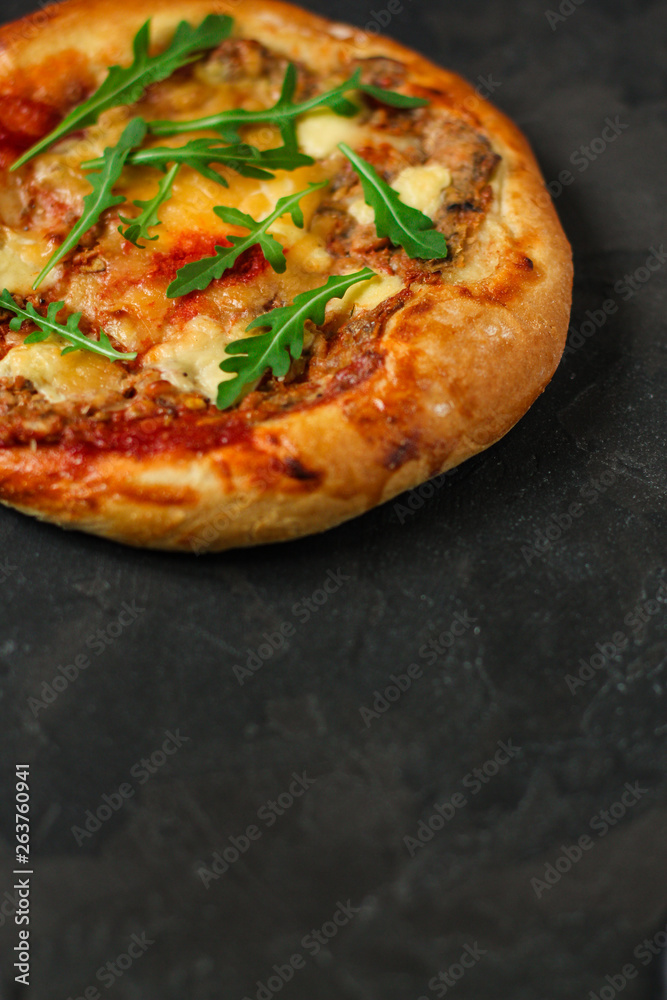 pizza, mushrooms, arugula, tomato sauce, cheese. food background pizza, mushrooms, arugula, tomato sauce, cheese. food background