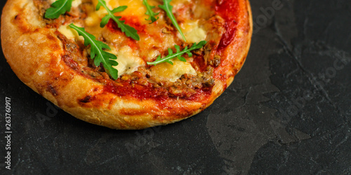 pizza, mushrooms, arugula, tomato sauce, cheese. food background