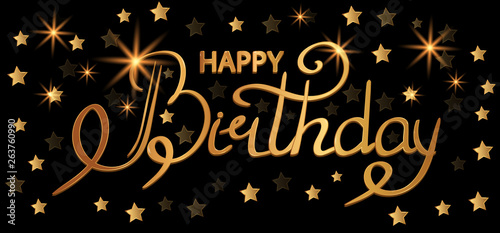 Happy birthday golden text hand lettering, typography design, greetings card on a black background with stars. Vector