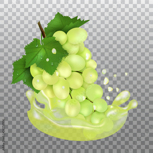 Fresh Grape and juice splash. Fruit 3d realistic vector on transparent background.