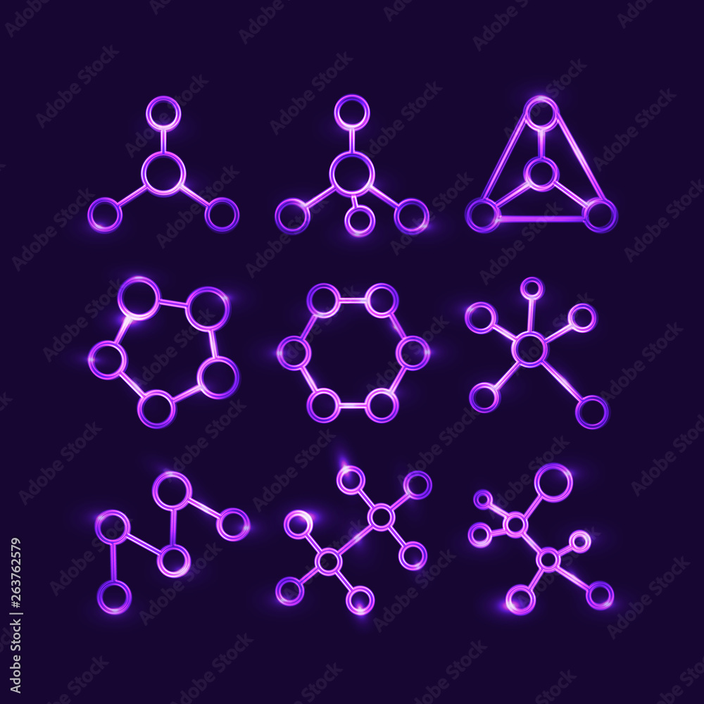 shining structural formulas of molecules icons set on dark background ...