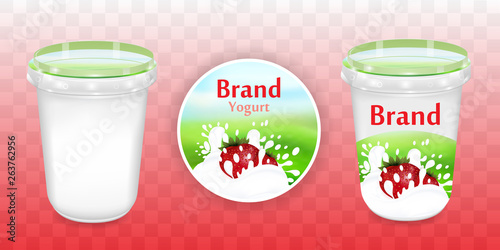 Strawberry yogurt package design, food container in 3d illustration on transparent background. Realistic packaging mockup template with sample design. Vector