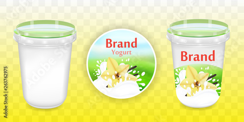Vanilla yogurt package design, food container in 3d illustration on transparent background. Realistic packaging mockup template with sample design. Vector