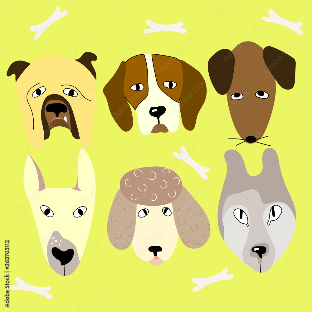 Set of cute vector heads of dogs on the yellow background. Funny cartoon dogs print design for poster or t-shirt. Set of cute vector heads of dogs on the yellow background. Funny cartoon dogs print design for poster or t-shirt.