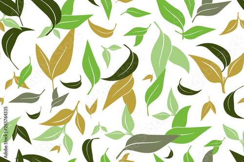 Seamless pattern with green tea leaves on white background. Hand painting on paper. May used in fabric, wrapping paper. Vector illustration.