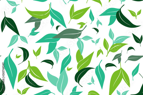 Seamless pattern with green tea leaves on white background. Hand painting on paper. May used in fabric, wrapping paper. Vector illustration.