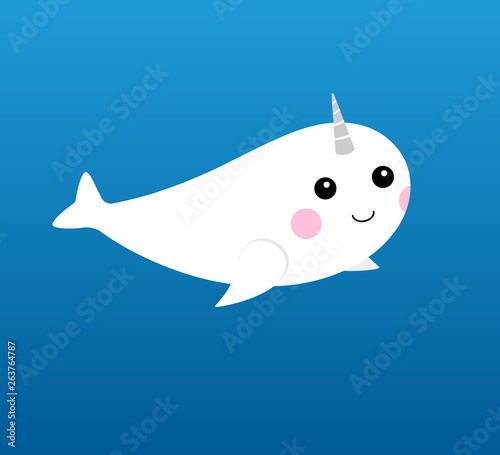 Cute little flat cartoon narwhal smiling and swimming on gradient blue background