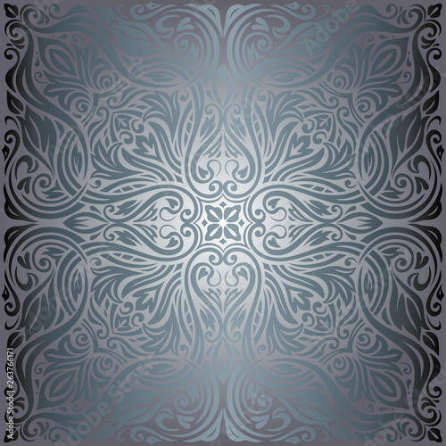 Silver Flowers, Floral shiny decorative vintage wallpaper Background trendy fashion ornate mandala design