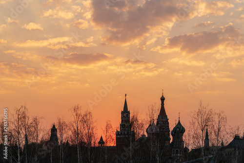 Moscow Kremlin and St Basil's Cathedral at sunset, Russia.