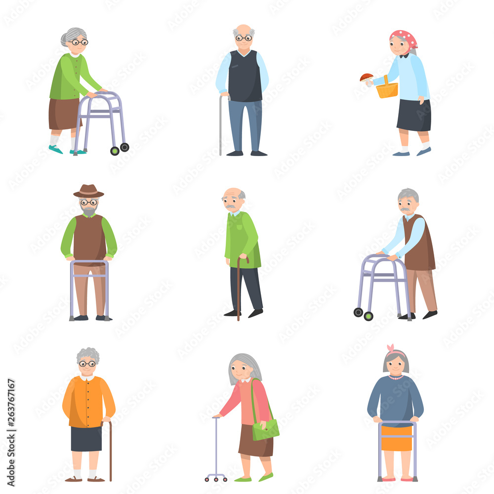 Set of old people in different poses with additional object Set of old people in different poses with additional object