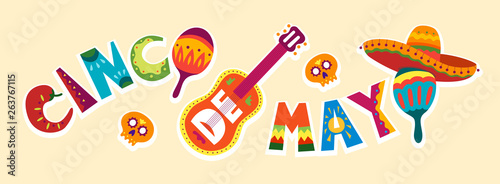 Cinco de Mayo in Mexico. May 5, Latin America holiday. Colorful, detailed, lots of objects background. Vector template with traditional Mexican symbols skull, guitar, flowers, red pepper