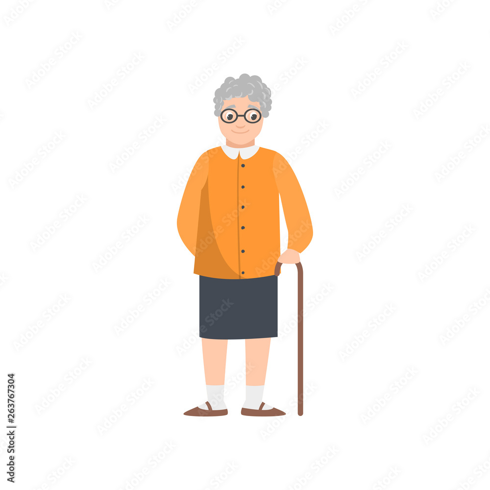 Cute smiling grandmother with eyeglasses stay in walking stick Cute smiling grandmother with eyeglasses stay in walking stick