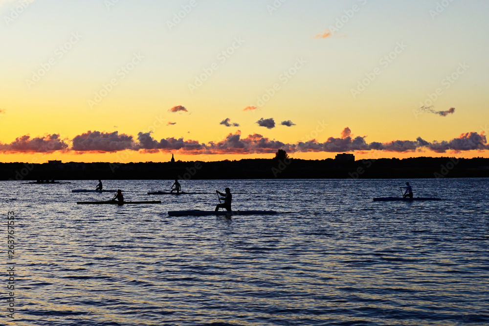 Silhouettes of rowers paddling on the river at sunset
