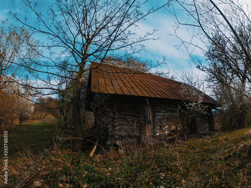 Pictorial landscape old dilapidated wooden small house © HAOS