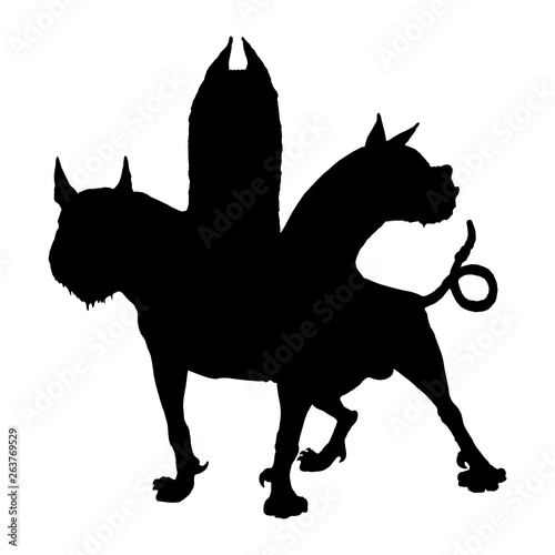 Multi headed dog Cerberus illustration. Hound of Hades. Greek mythology. Silhouette illustration. photo