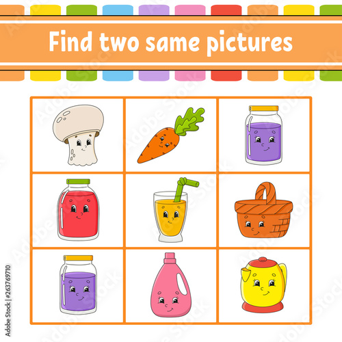 Find two same pictures. Task for kids. Education developing worksheet. Activity page. Game for children. Funny character. Isolated vector illustration. Cartoon style.