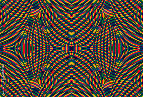 Color seamless pattern with hypnotic trance texture. Multicolored glitched background. Op art unique bright kaleidoscope. Psychedelic trippy art.