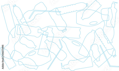 Plastic pollution awareness background made of silhouettes of plastic bottles and straws, EPS 8 vector illustration