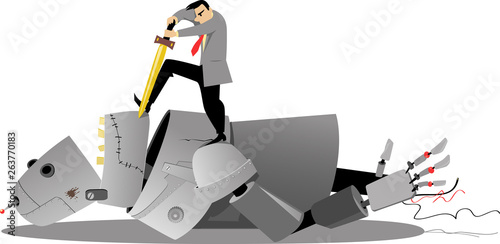 Businessman slaying a giant robot, EPS 8 vector illustration