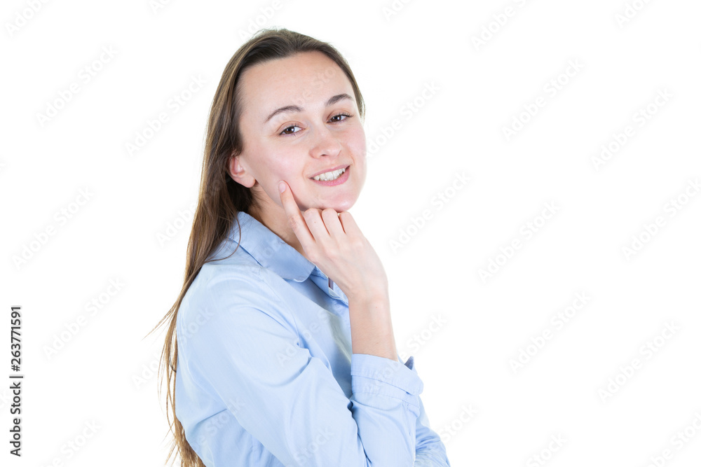 Portrait of pensive young woman dressed in blue shirt Portrait of pensive young woman dressed in blue shirt