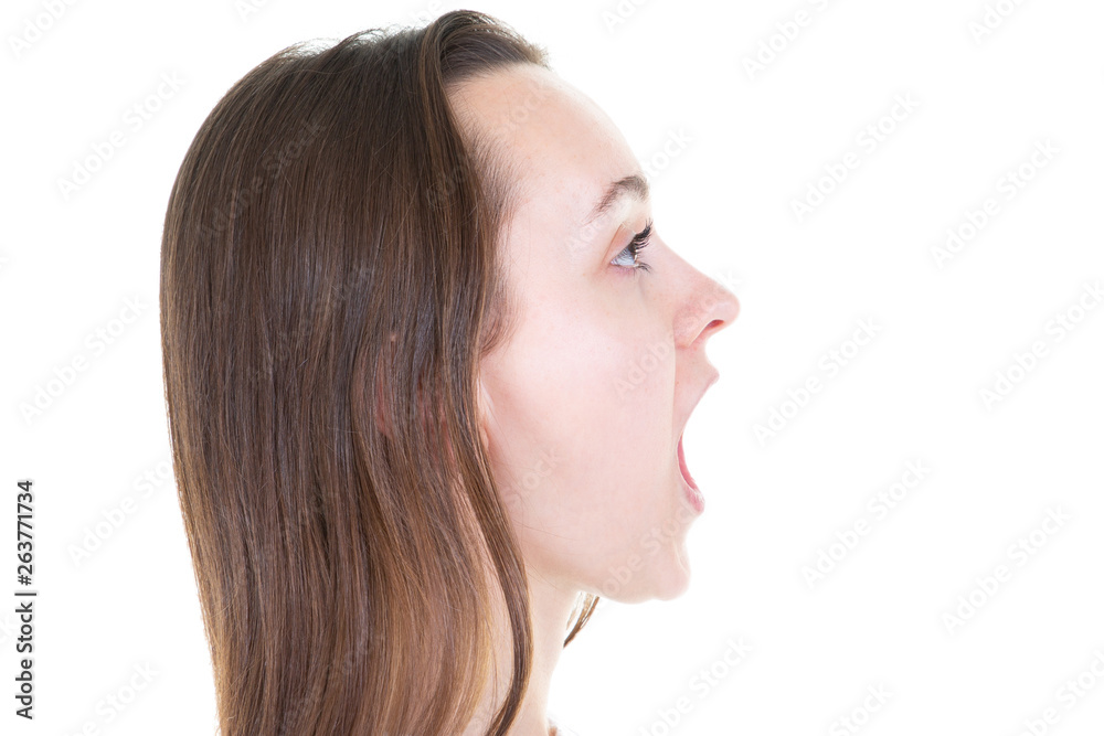 Angry yells woman profile with side copy space Angry yells woman profile with side copy space